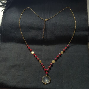 Gold Tone Red Crystal Beaded Clear Disc Pendant Statement Necklace